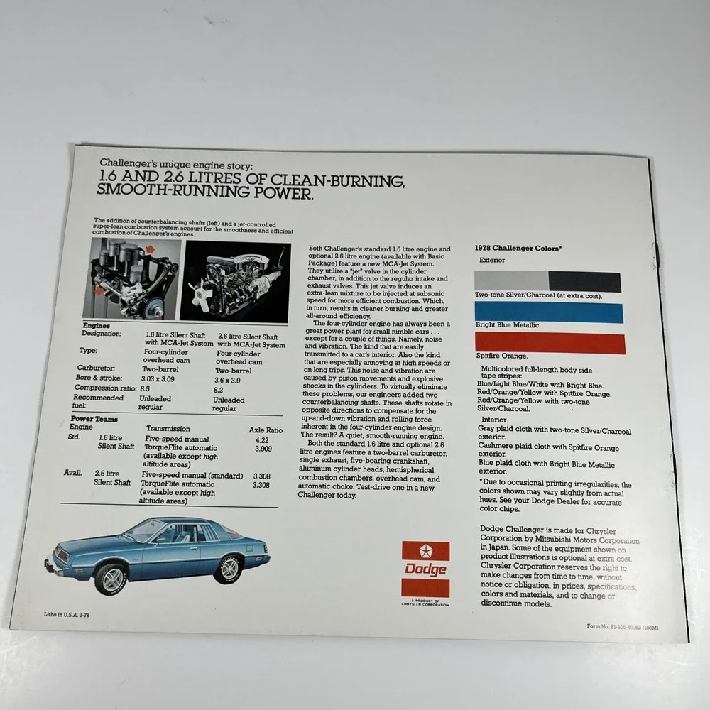 Dodge Challenger 1978 Car Dealer Sales Brochure Catalog Sports Car Man Cave Gift